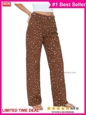 High Waisted Wide Leg Straight Leg Jeans Cinched Waist Five Pocket 29.5 Inseam